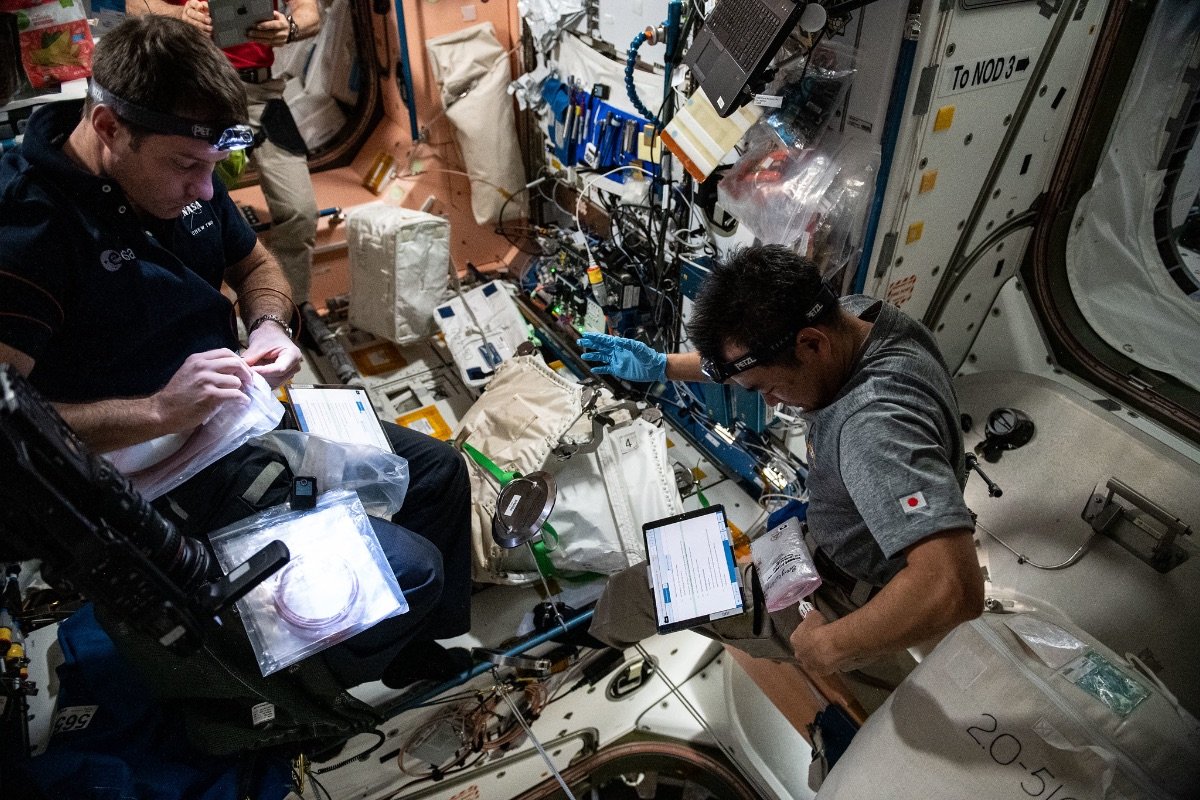 補給船の離脱前にデッキで作業を行うトマ・ペスケ宇宙飛行士と星出宇宙飛行士 ©️JAXA/NASA